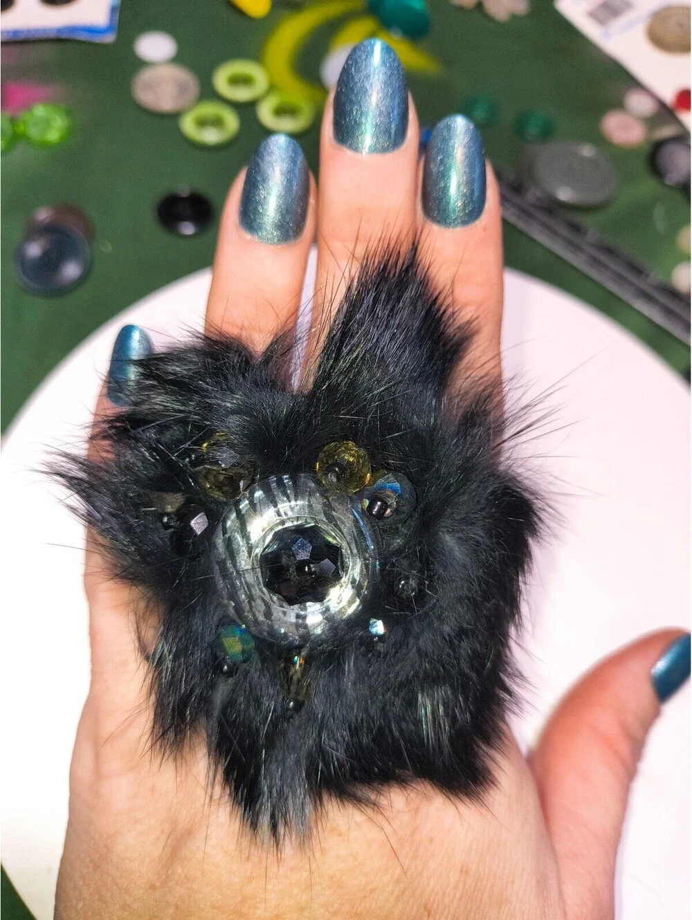 Unique Black Faux Fur & Beaded Statement Ring
